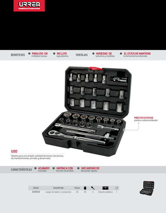 Juego de dados y accesorios cuadro de 3/8" combinado, 33 piezas Urrea