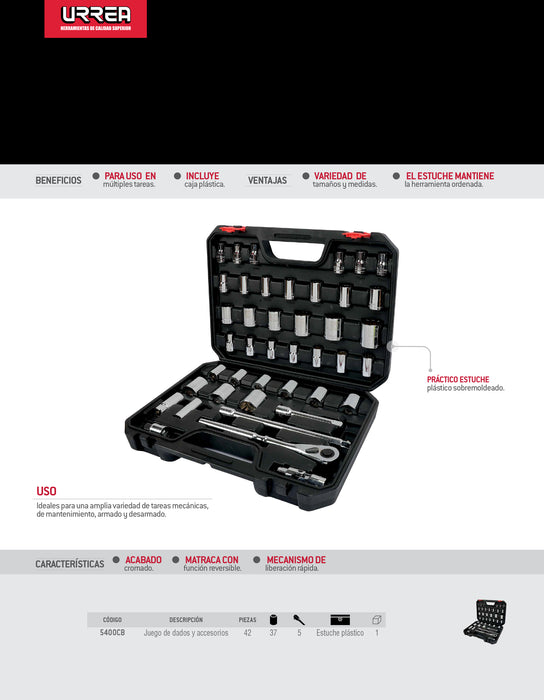 Juego de dados y accesorios cuadro de 1/2" combinado, 42 piezas Urrea