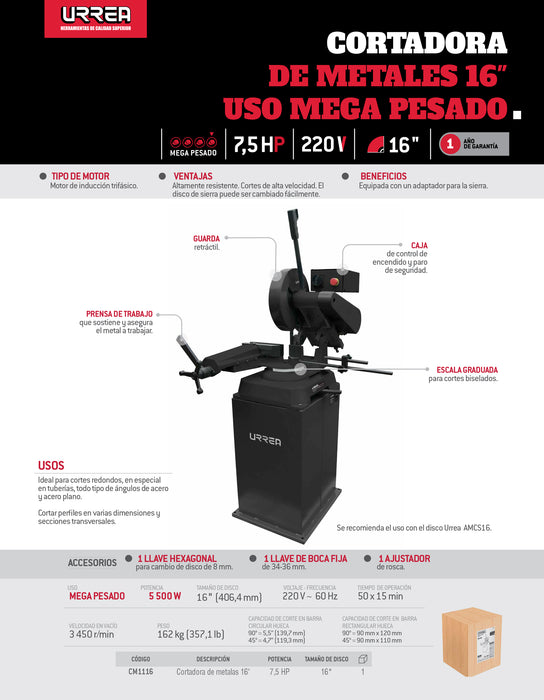 Cortadora de metales 16" 5500 W 220 V, 3450 RPM Urrea