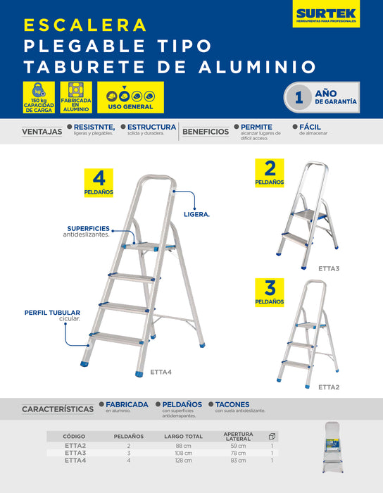 Escalera plegables tipo taburete de aluminio con 2 peldaños Surtek