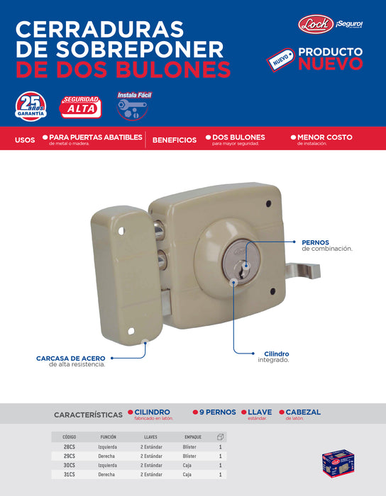 Cerradura de sobreponer función instala fácil, derecha, 2 bulones, llave estándar, blíster Lock