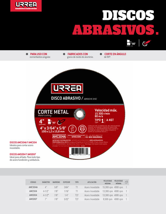 Disco abrasivo tipo 1 para metal 4" x 3/64" Urrea