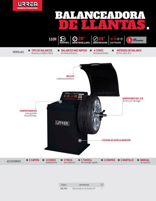 Balanceadora de llantas de 28" con rin 10" a 24" Urrea