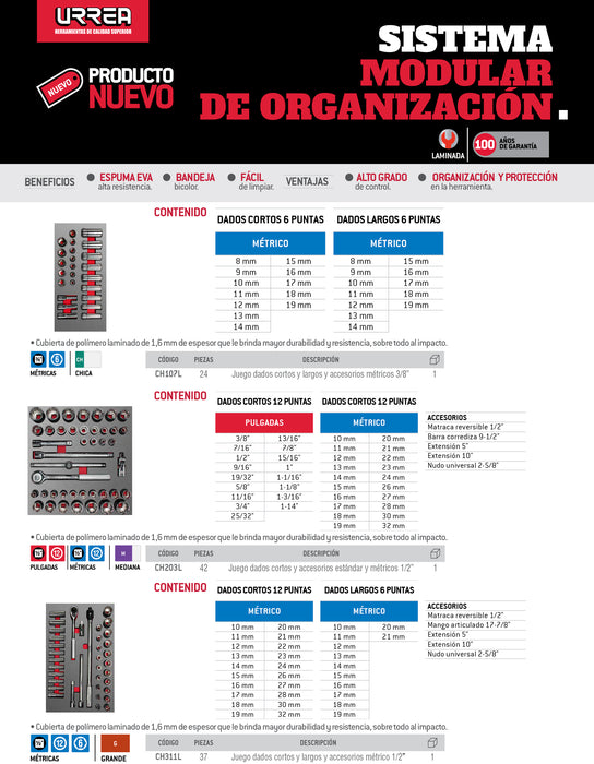 Juego de dados cortos y accesorios de 1/2" combinados 42 piezas, CH203L-C Urrea