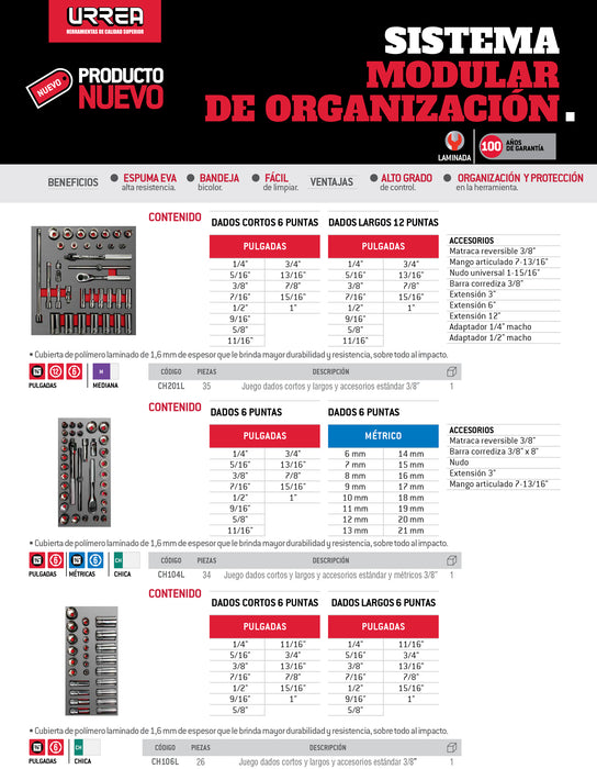 Juego de dados cortos y largos cuadro de 3/8" en pulgadas 26 piezas, CH106L-C Urrea