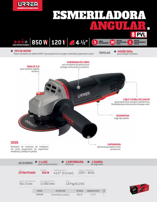 Mini esmeriladora angular 4-1/2" 850 W 120 V, 11000 RPM Urrea