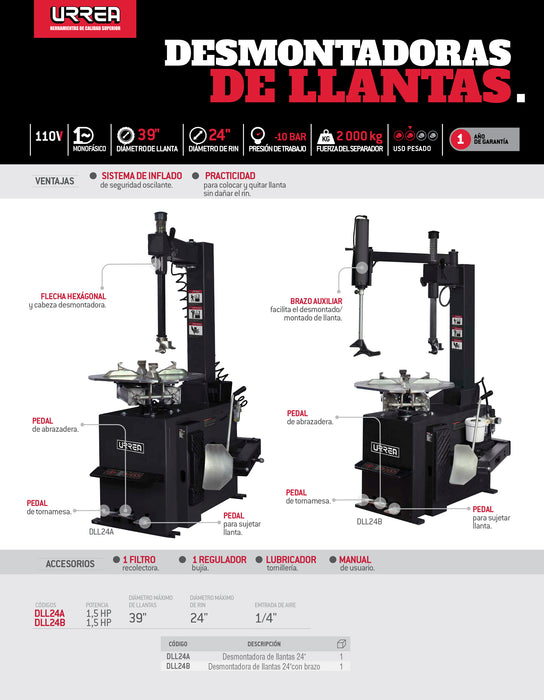 Desmontadora de llantas 1.5 HP para rin 24" Urrea