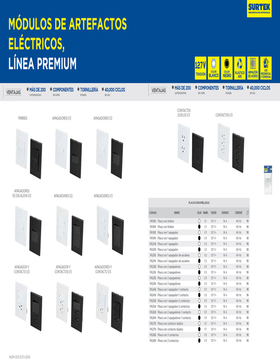 Placa 1 Interruptor 1/2, 3 vias, línea Premium, color blanco Surtek