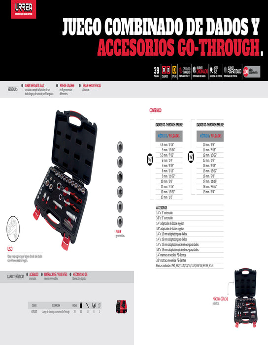 Juego de dados y accesorios cuadro de 3/8" y 1/2" Go-Through combinado, 39 piezas Urrea