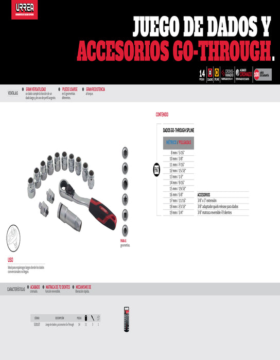 Juego de dados y accesorios cuadro de 3/8" Go-Through combinado, 14 piezas Urrea