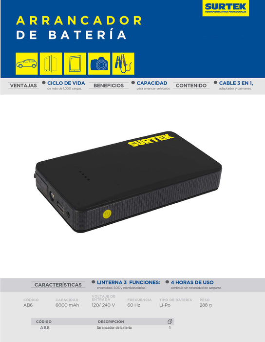 Arrancador bateria 6,000 mAh Surtek