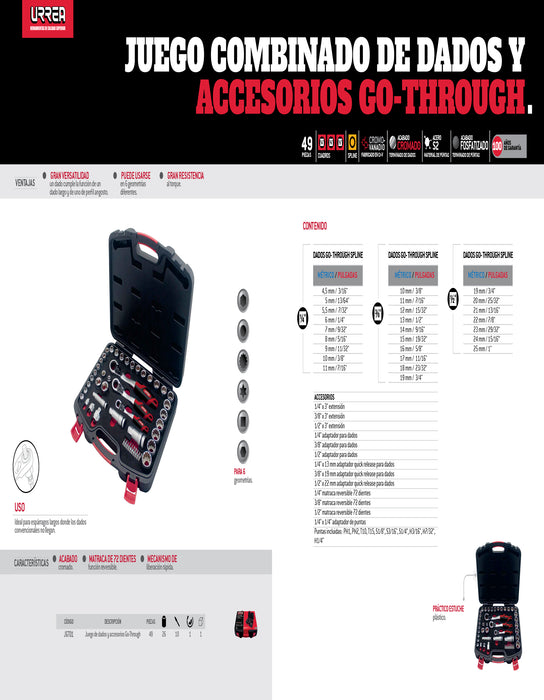 Juego de dados y accesorios cuadro de 1/4", 3/8" y 1/2" Go-Through combinado, 49 piezas Urrea
