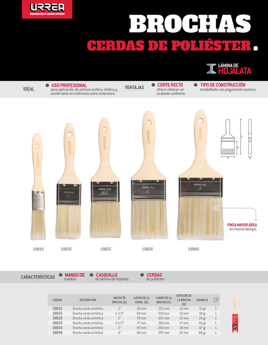 Brocha de cerdas de poliéster con mango de madera de 1-1/2" Urrea