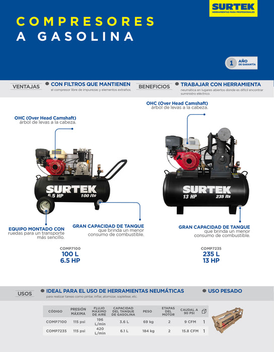 Compresor de aire a gasolina 100L, 6.5HP Surtek