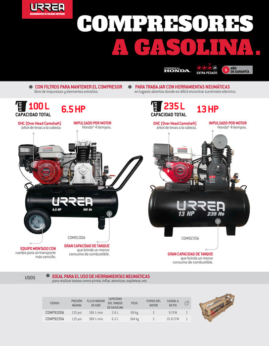 Compresor de aire eléctrico a gasolina 235L, 13HP Urrea