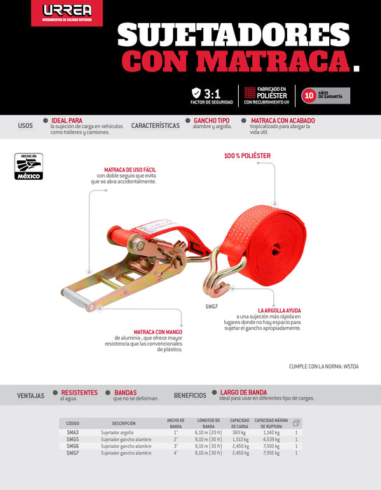 Sujetador con matraca con gancho 4" x 9 m Urrea