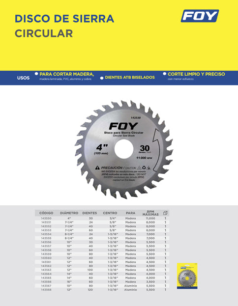 Disco para sierra circular para corte madera 24 dientes, 8-1/4" Foy
