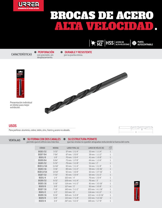 Broca negra de acero de alta velocidad 1/2" zanco recto en blíster Urrea
