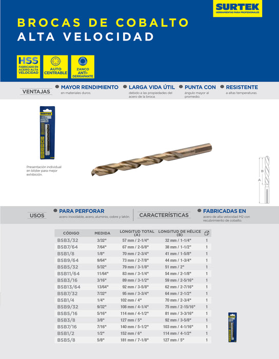Broca con cobalto de acero de alta velocidad 1/4" zanco recto en blíster Surtek