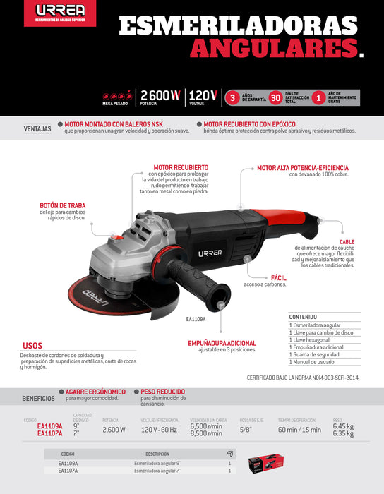 Esmeriladora angular 9" 2600 W 120 V, 6500 RPM Urrea