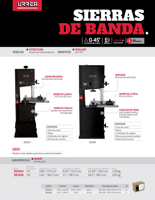 Sierra de banda 18" 3 HP 2200 W 220 V 1 fase Urrea