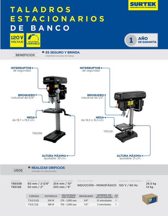 Taladro estacionario de banco 5/8" 550 W 120 V, 2950 RPM Surtek