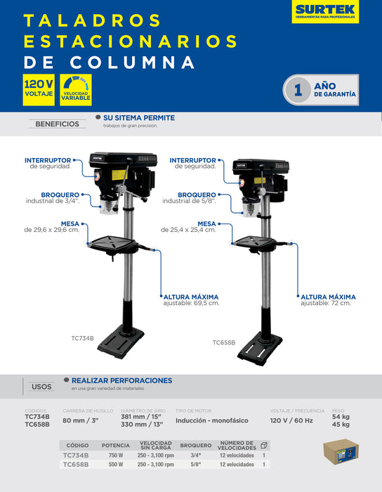 Taladro estacionario de columna 5/8" 550 W 120 V, 3100 RPM Surtek