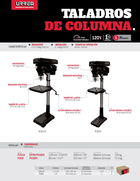 Taladro de banco y columna 1-1/4", 1-1/2 HP 120 V Urrea