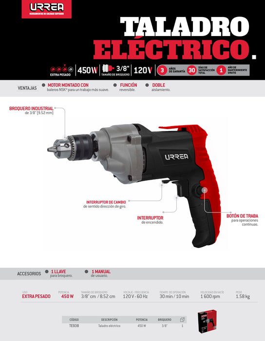 Taladro 3/8" 450 W 120 V, 1,600 RPM Urrea