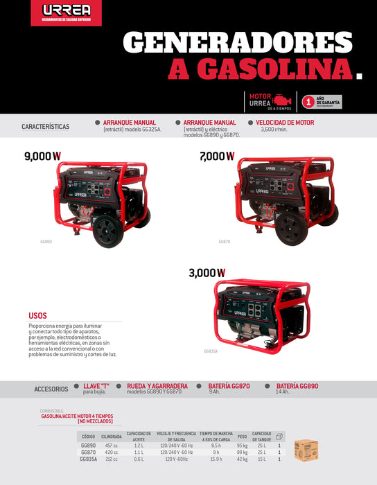 Generador a gasolina 9000 W, 457 cc, volatje de salida 120-240 V Urrea