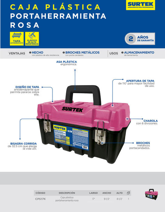 Caja portaherramientas plástica con broches metálicos color negro tapa rosa 17" x 9" x 8" Surtek