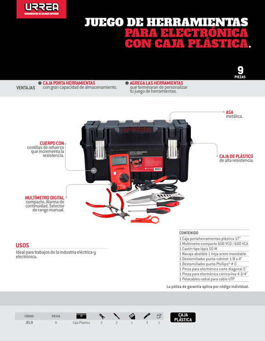 Juego de herramienta para electrónico 9 piezas, con caja plástica Urrea