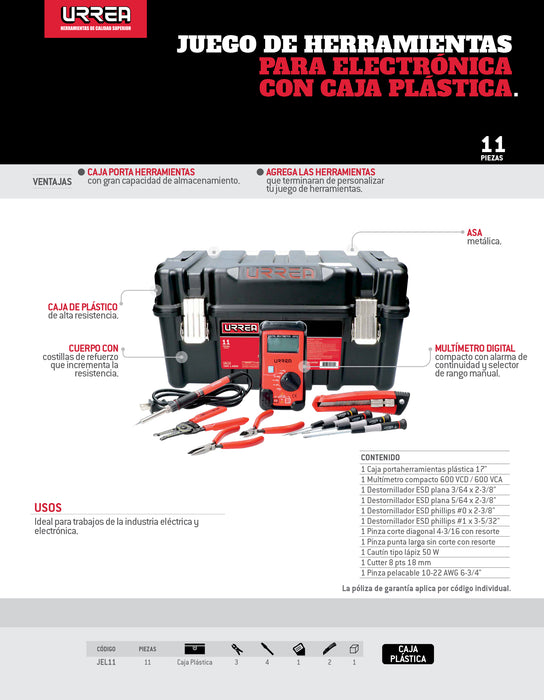 Juego de herramienta para electrónico 11 piezas, con caja plástica Urrea