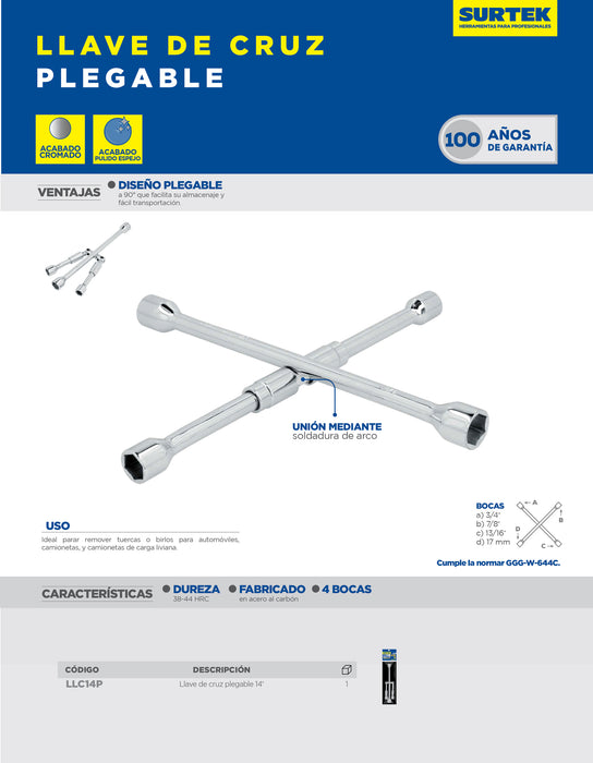 Llave de cruz cromada plegable 14" Surtek