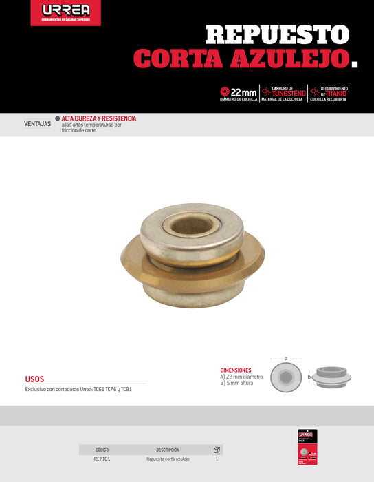 Repuesto de cuchilla para corta azulejos 22 mm TC61, TC76, TC91 Urrea