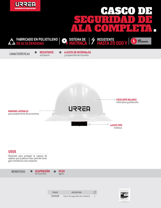 Casco de seguridad con ajuste de matraca ala completa de 4 puntos, color blanco Urrea