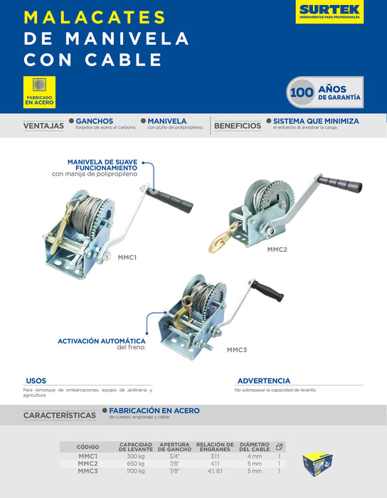 Malacate con manivela con cable 300 kg Surtek