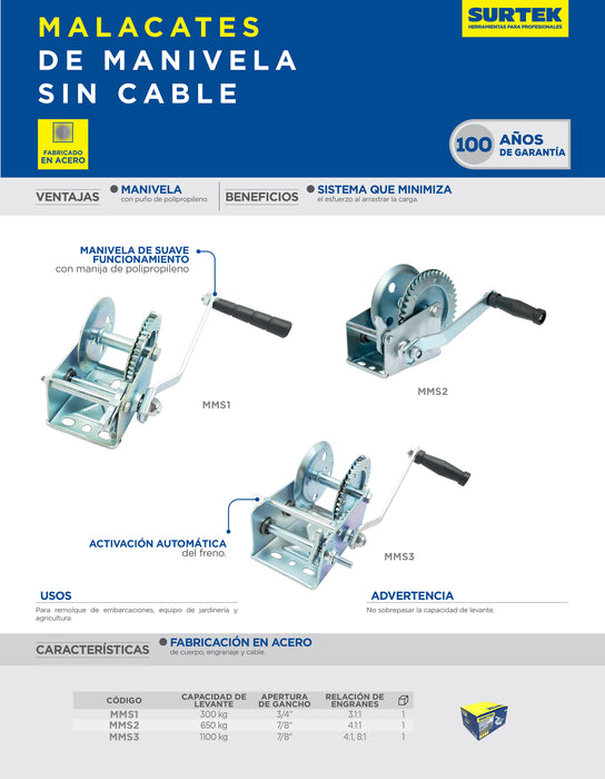 Malacate con manivela sin cable 650 kg Surtek