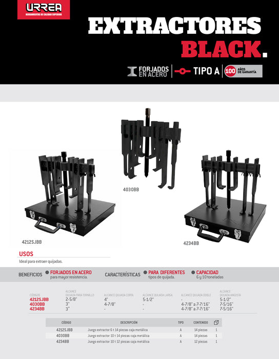 Extractor quijada recta tipo "A" fosfatizada 6 ton, 15 piezas en caja metálica Urrea