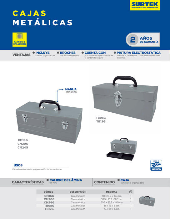 Caja portaherramientas metálica color gris con charola 19" x 7" x 6" Surtek