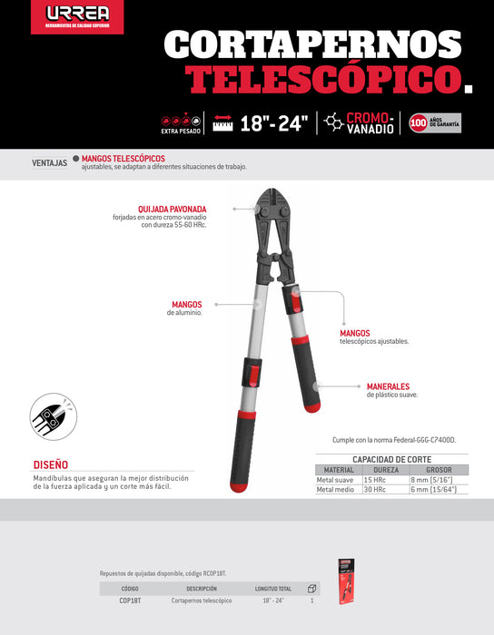 Cortapernos mangos telescópicos 18" Urrea