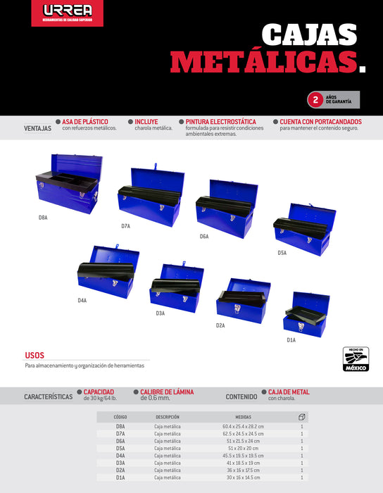 Caja portaherramientas métalica con asa plástica color azul 20" x 7" x 7" Urrea
