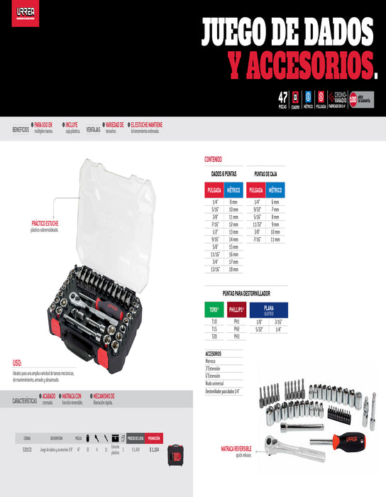 Juego de dados y accesorios cuadro de 3/8" combinado, 47 piezas Urrea
