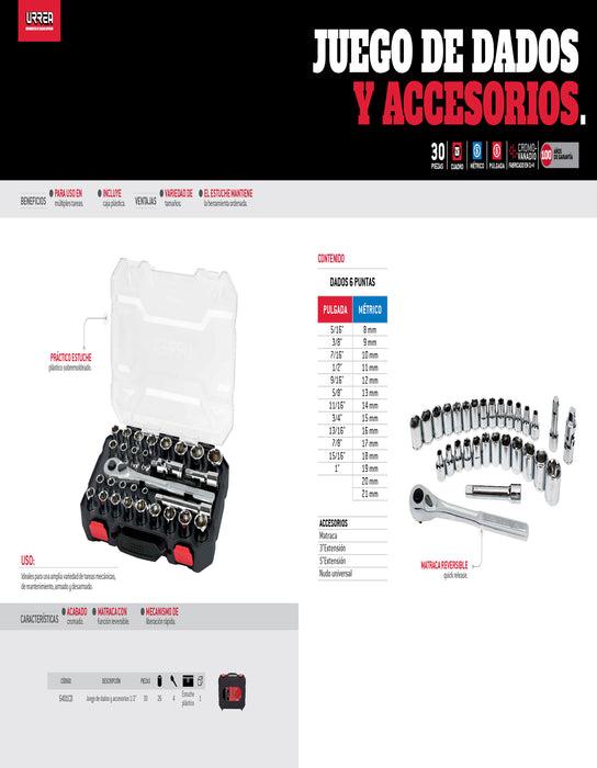 Juego de dados y accesorios cuadro de 1/2" combinado, 30 piezas Urrea