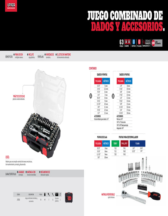Juego de dados y accesorios cuadro de 1/4" y 3/8" combinado, 63 piezas Urrea