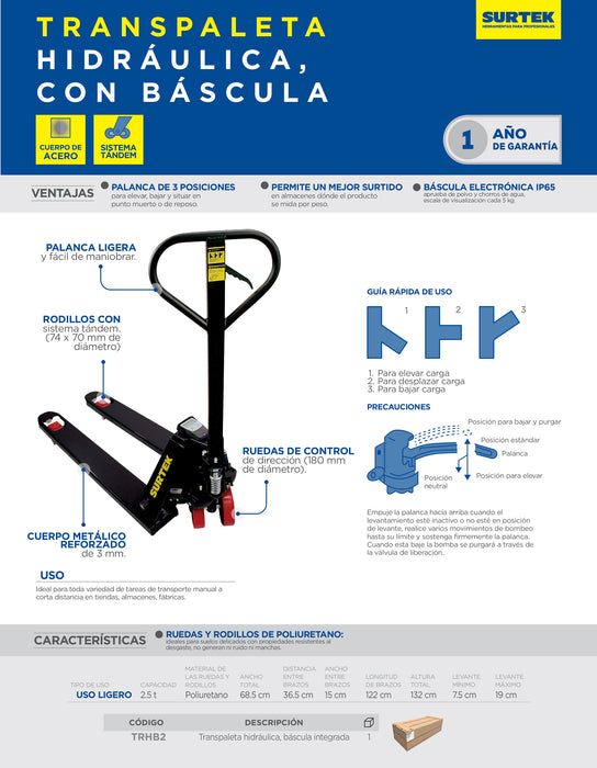 Transpaleta hidráulica 2 ton con báscula Surtek