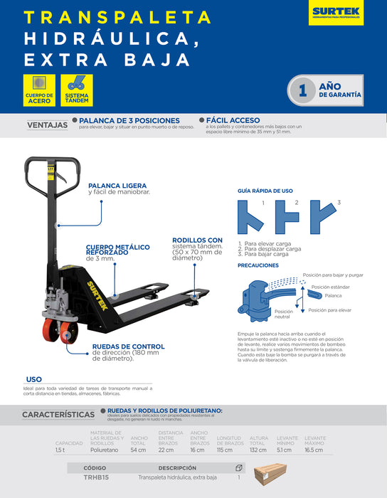 Transpaleta hidráulica 1.5 ton extra baja Surtek