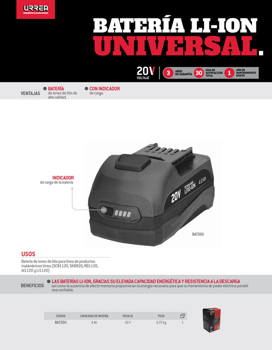 Batería Litio-ion universal, 20 V Urrea