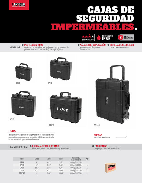 Caja portaherramientas plástica de seguridad impermeable 9" x 7" x 4" Urrea