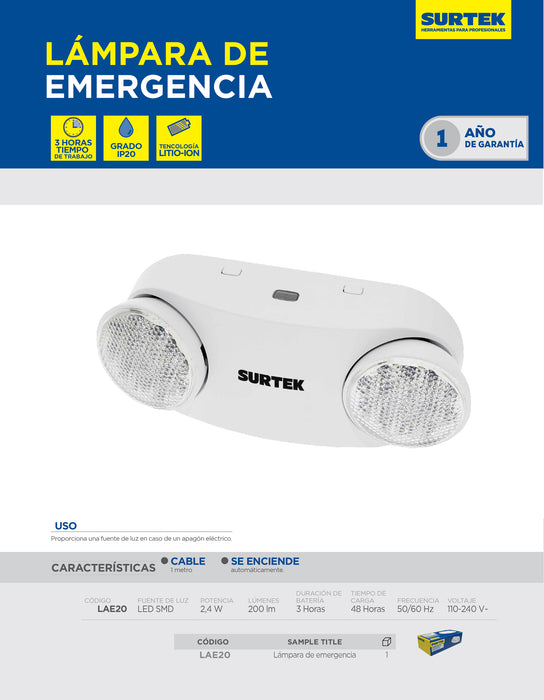 Lámpara de LED comercial para emergencia recargable de 200 lm Surtek